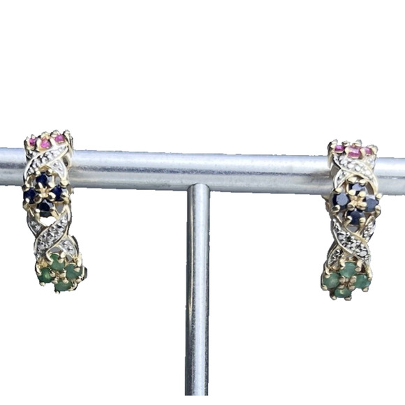 Gold Vermeil 925 Sterling Silver Sapphire Hoop Earrings Huggie Small Hoops - Picture 1 of 16